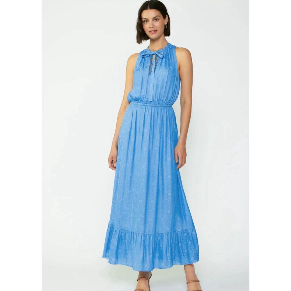 Current Air Sunburst Halter Floral Ruffle Trim Midi Maxi Dress Cobalt Blue Sz L